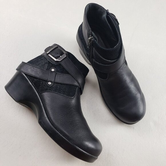 Alegria Eva Nappa Ankle Boot Womens 6.5-7 EU 37 Black Leather Side Zip Heeled - Picture 1 of 13